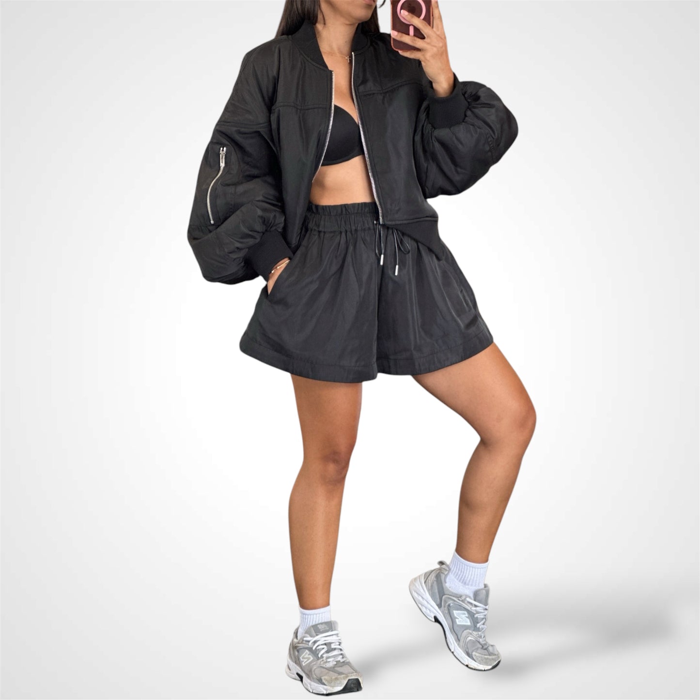 PUFF SLEEVE BOMBER JACKET AND SHORTS SET