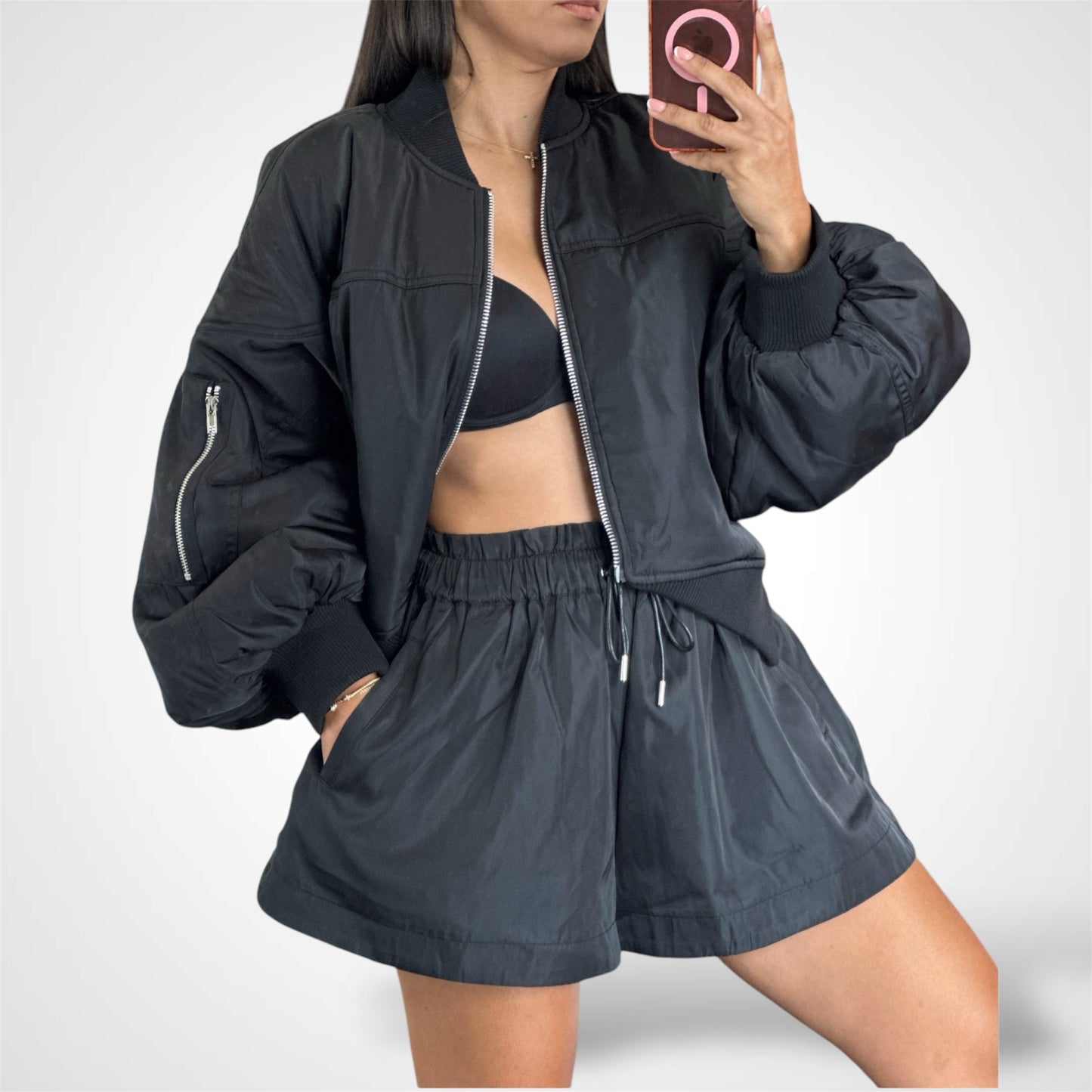 PUFF SLEEVE BOMBER JACKET AND SHORTS SET