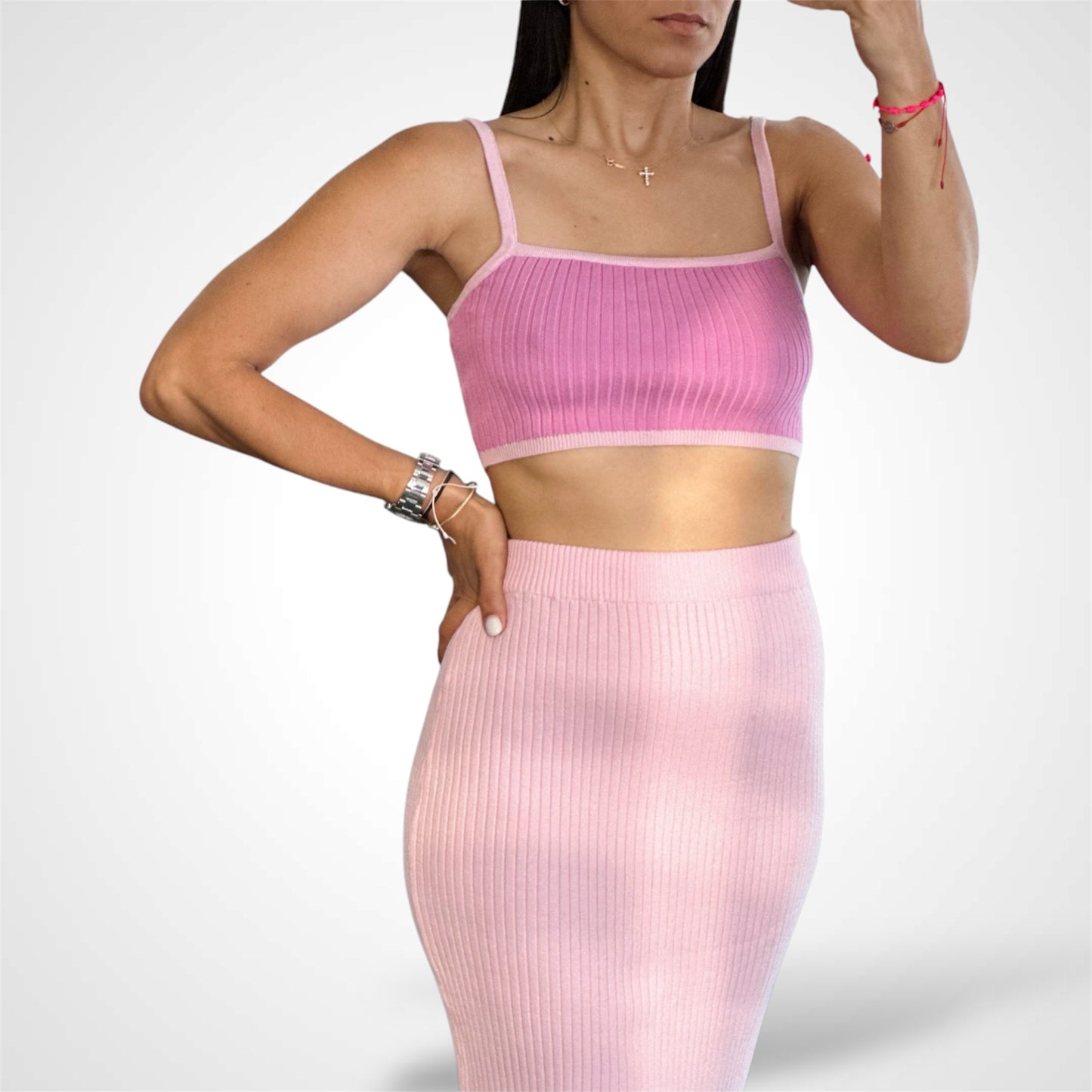 PINK CONTRAST SPAGHETTI SWEATER CROP TOP & MAXI SKIRT