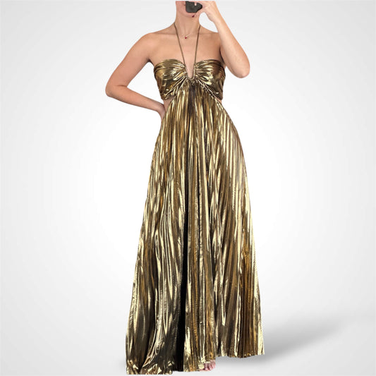 METALLIC PLEAT MAXI DRESS