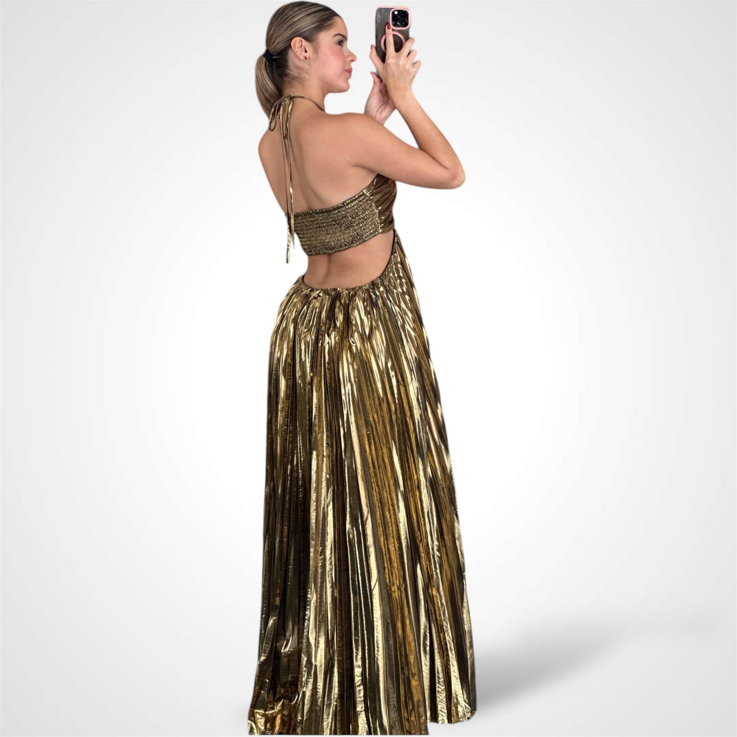 METALLIC PLEAT MAXI DRESS