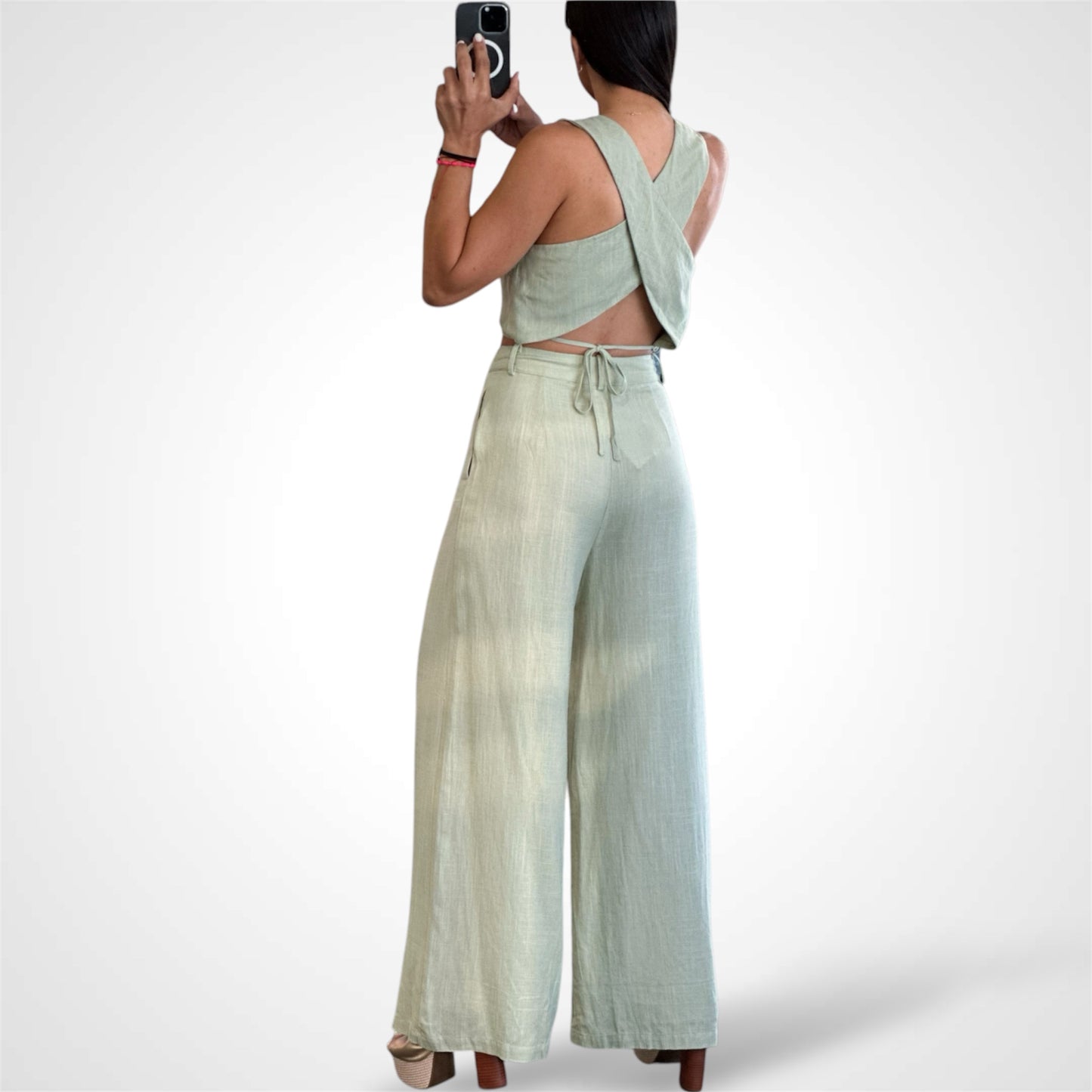 DUSTY SAGE RUCHED TOP & HIGH WAISTED LONG PANTS