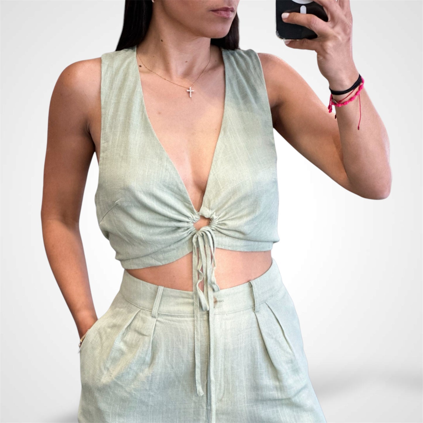 DUSTY SAGE RUCHED TOP & HIGH WAISTED LONG PANTS