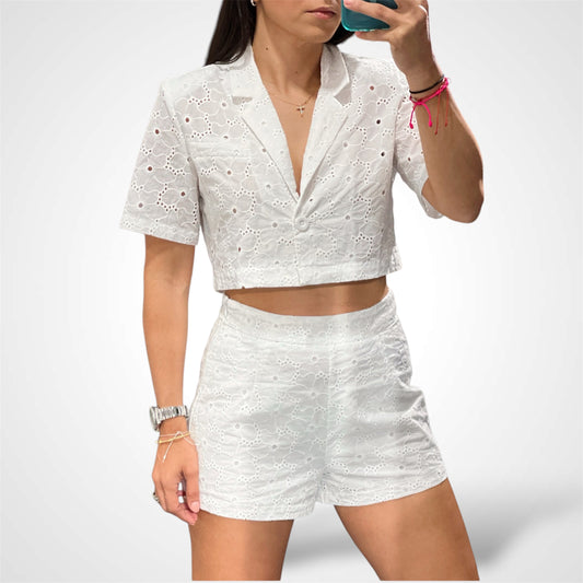 EYELET LACE JACKET AND SHORTS SET