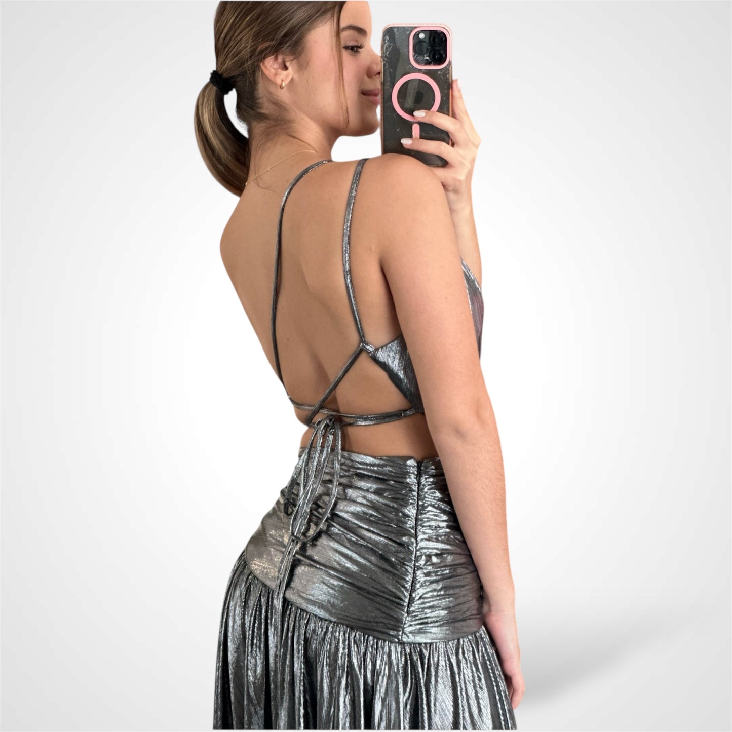 BLACK-SILVER METAL JERSEY STRAPPY DRESS