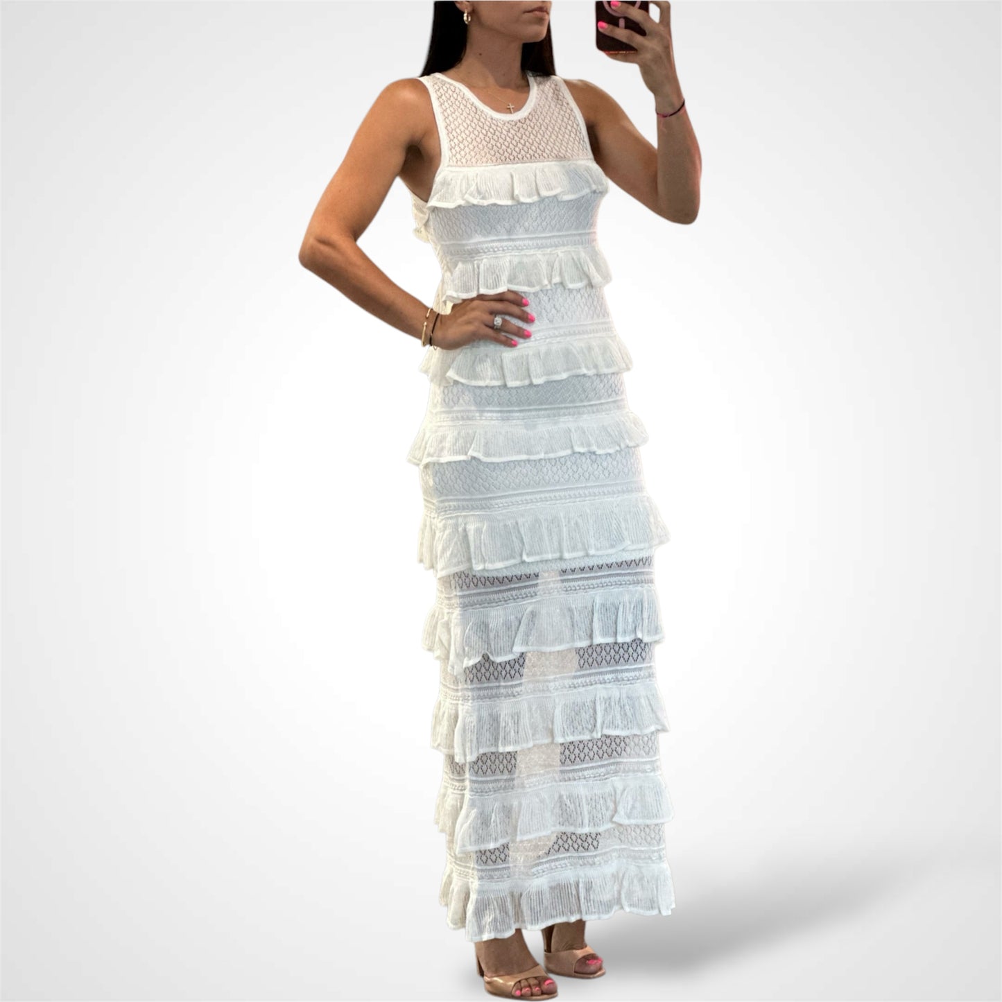 WOMEN'S SLEEVELESS TIERED RUFFLE MESH MAXI
DRESS