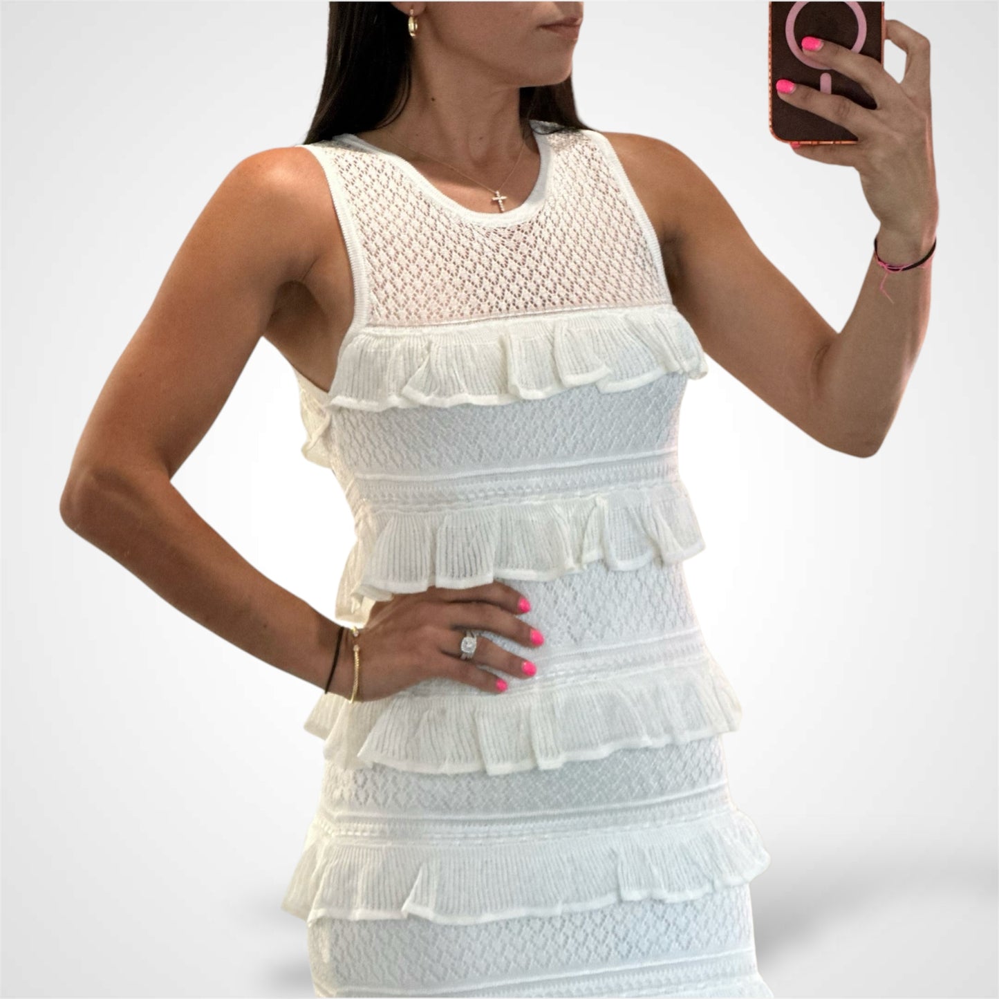 WOMEN'S SLEEVELESS TIERED RUFFLE MESH MAXI
DRESS