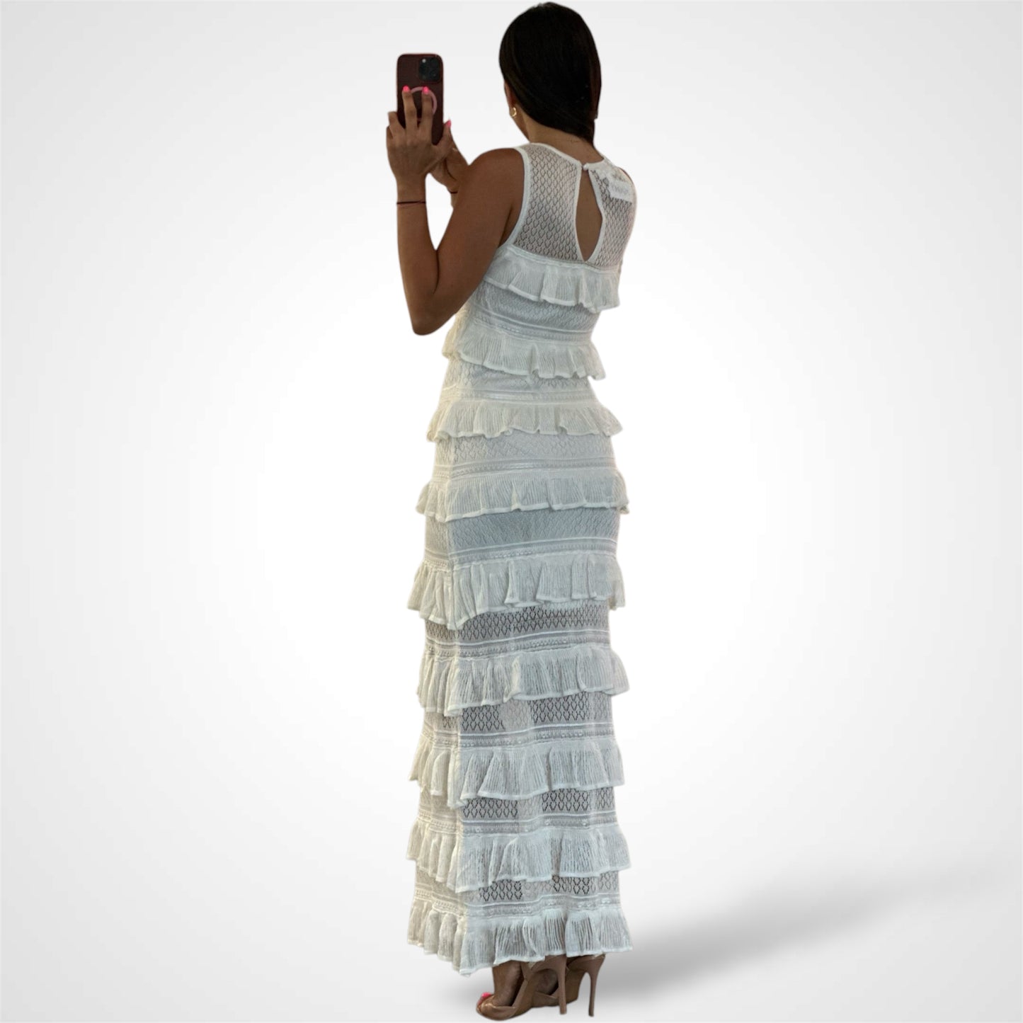 WOMEN'S SLEEVELESS TIERED RUFFLE MESH MAXI
DRESS