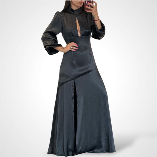 WOMEN'S CUT OUT FRONT SLIT MAXI DRESS (Black )