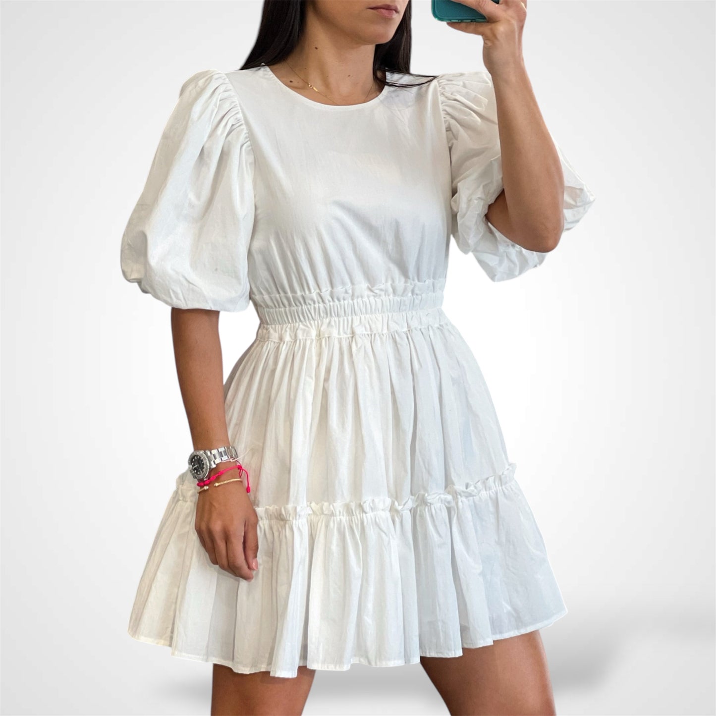 2/7 POPLIN PUFF SLEEVE RUFFLE TIER MINI DRESS