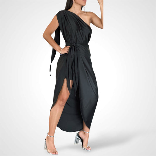 Black Satin Wrap Dress