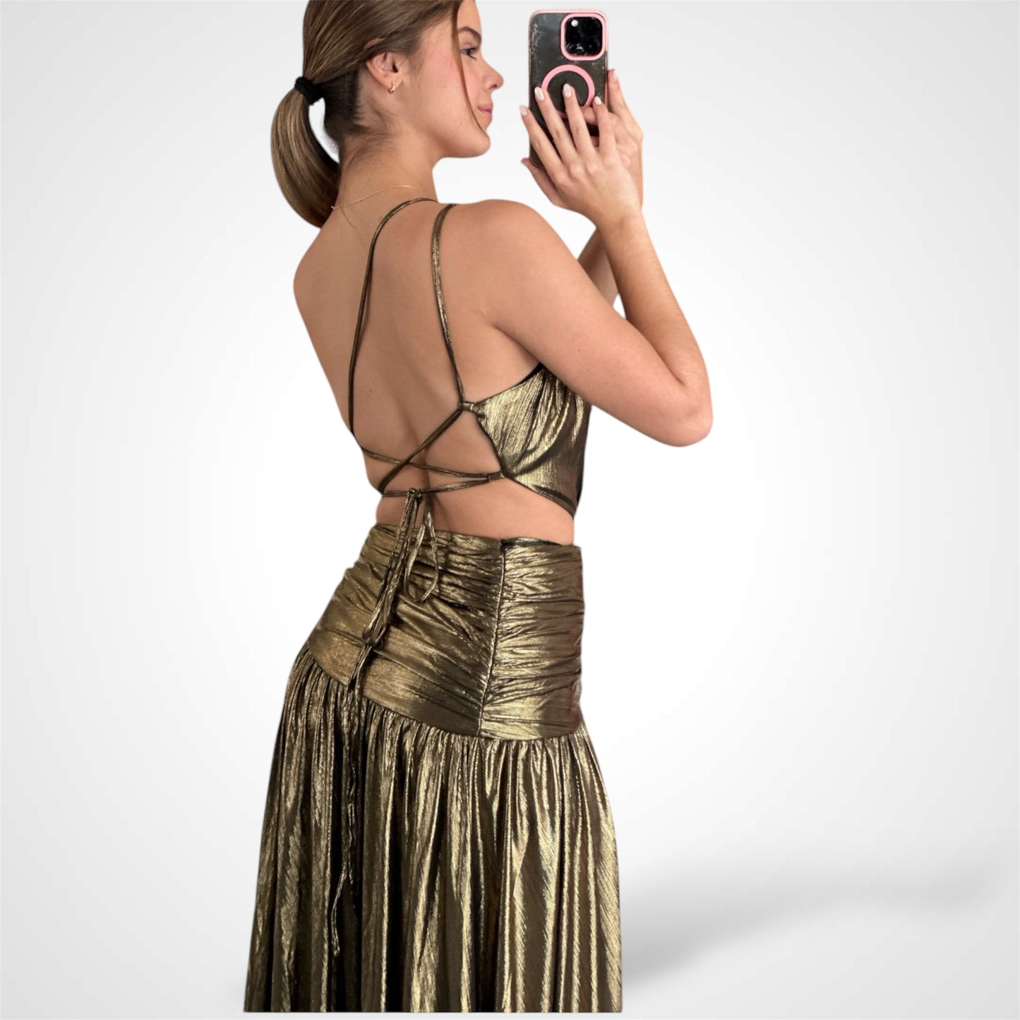 BRONZE METAL JERSEY STRAPPY DRESS