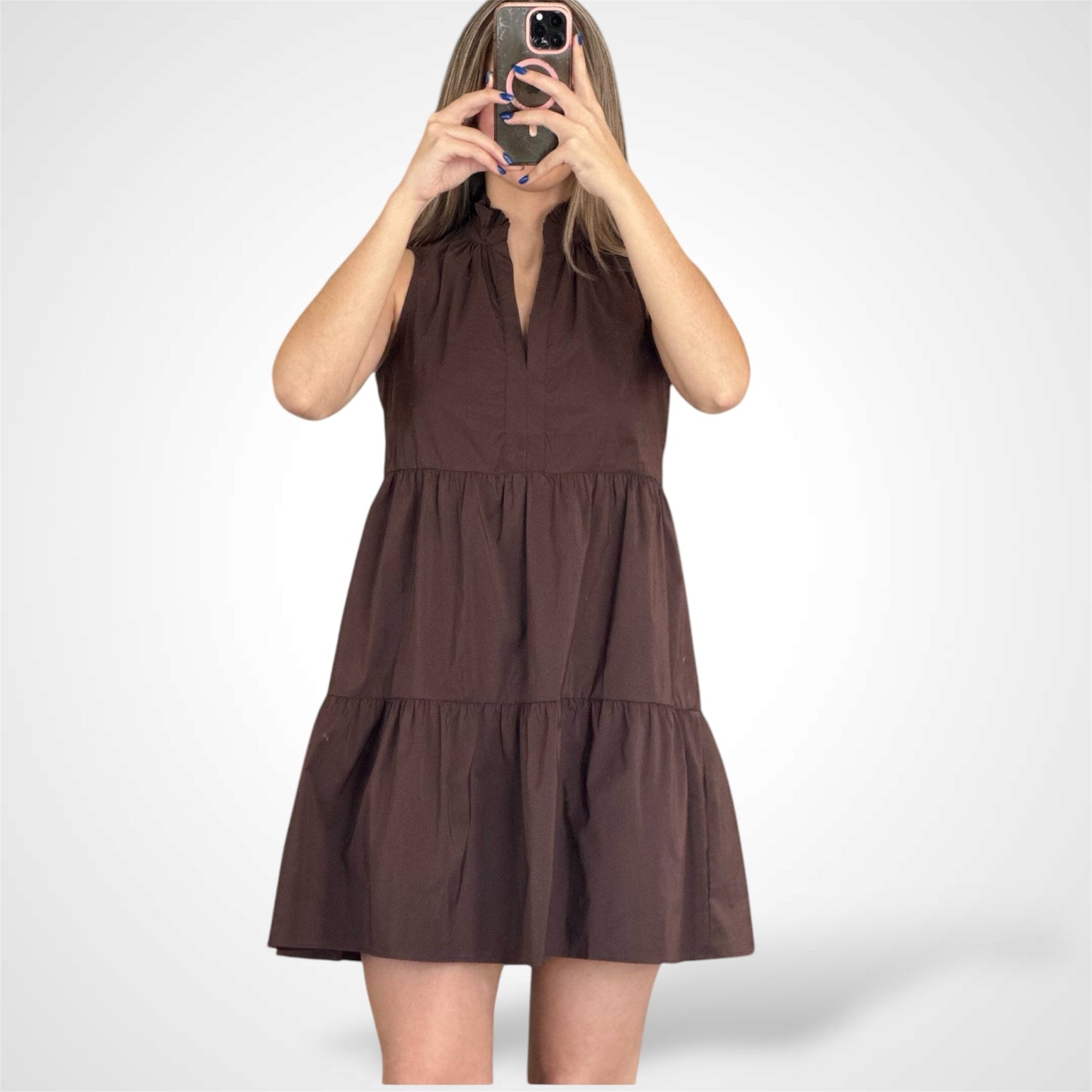 BROWN RUFFLE HIGH COLLAR TIERED LAYERED MINI DRESS