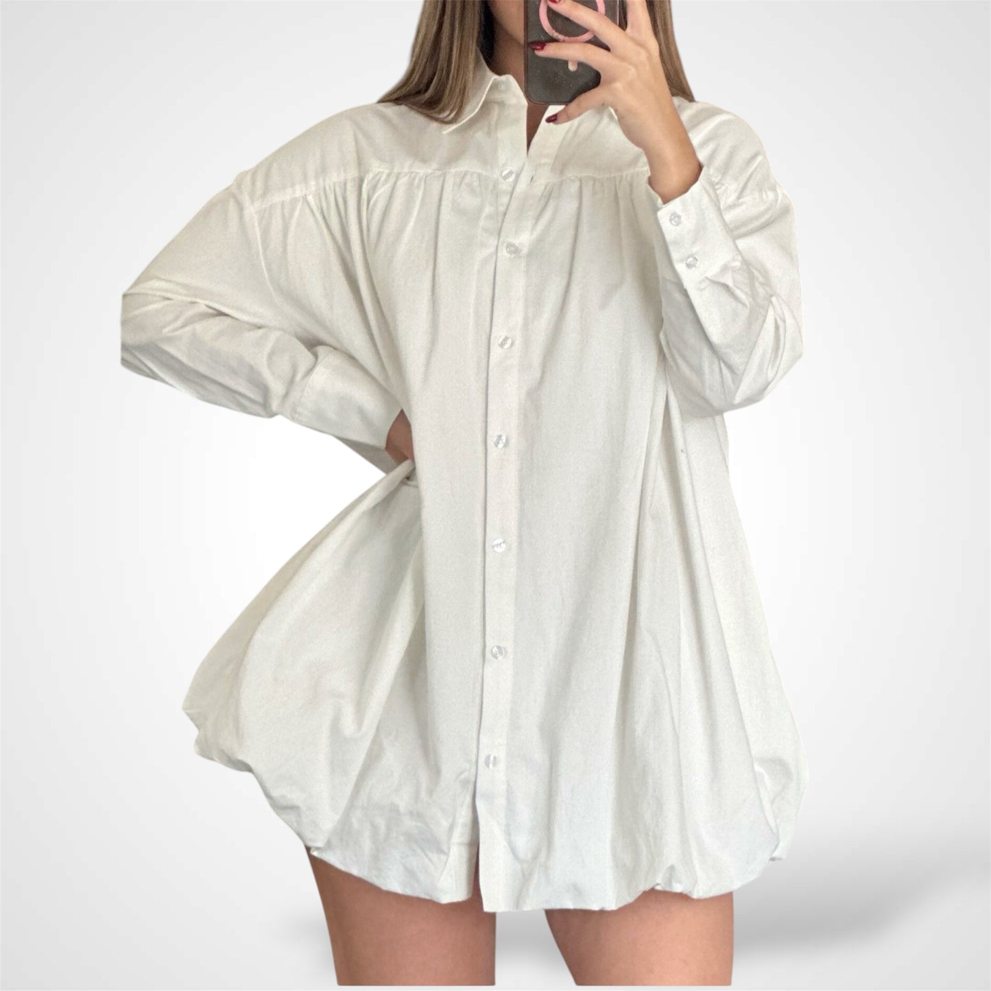 Bubble hem Cotton long sleeve Mini Dress