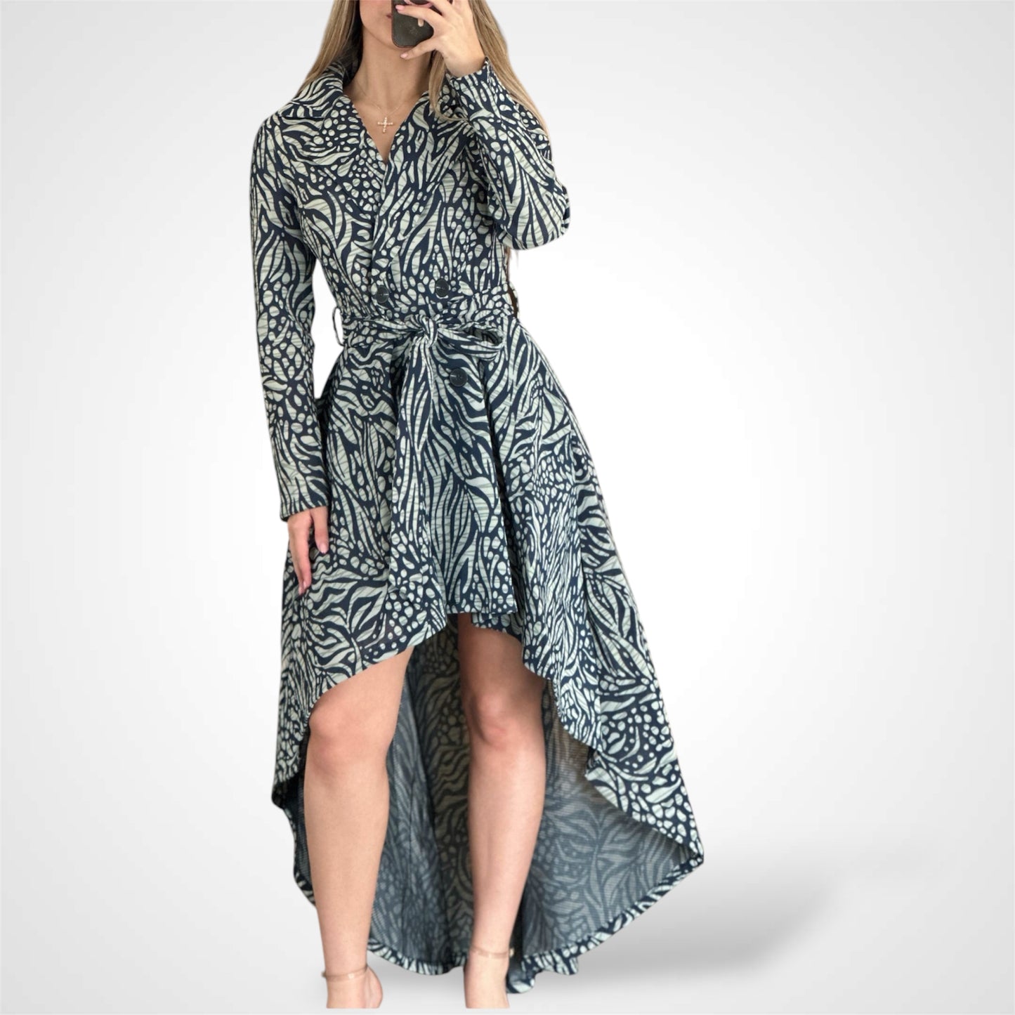 BUTTON CLOSURE POCKETS PRINTED HIGH-LOW MAXI DRESS