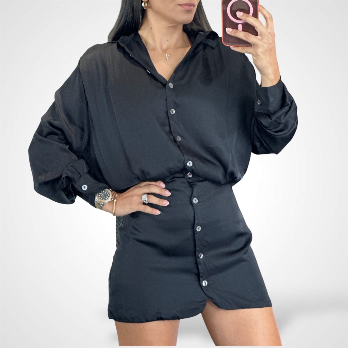 BUTTON DOWN BLOUSON SOLID DRESS