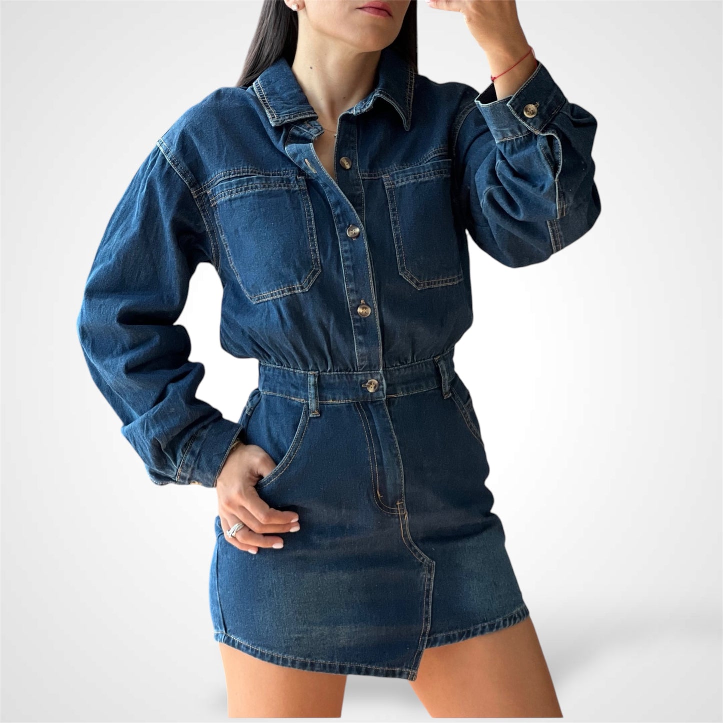 BUTTON DOWN DENIM CINCHED WAIST MINI DRESS