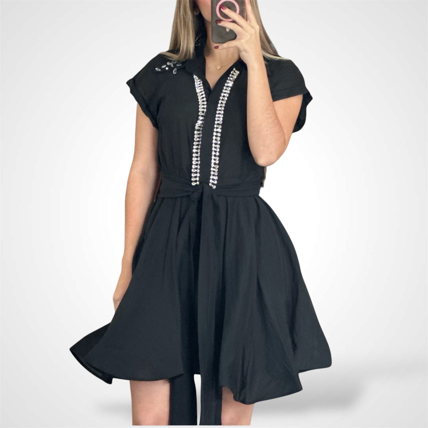 BUTTON UP SELF TIE STUDS DETAILED MINI DRESS