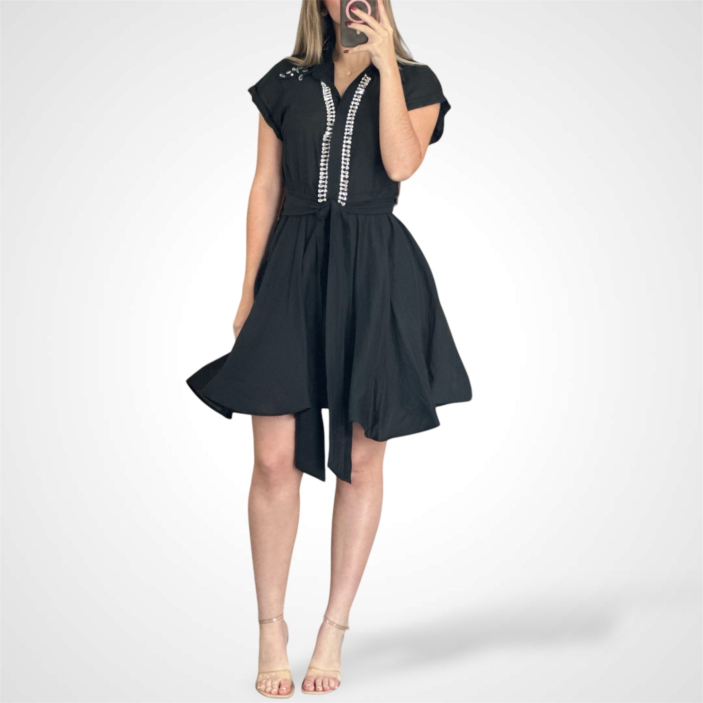 BUTTON UP SELF TIE STUDS DETAILED MINI DRESS