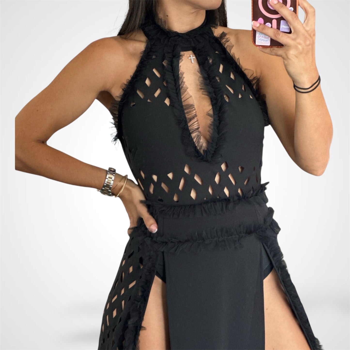 EYELET HALTER NECK MAXI DRESS