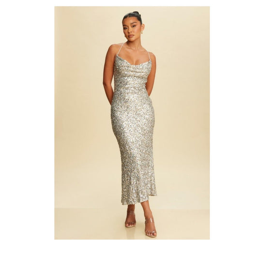 MIXED METALS SEQUIN MIDI DRESS