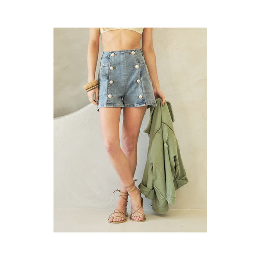 DOUBLE BREASTED BUTTON DETAIL DENIM SHORTS