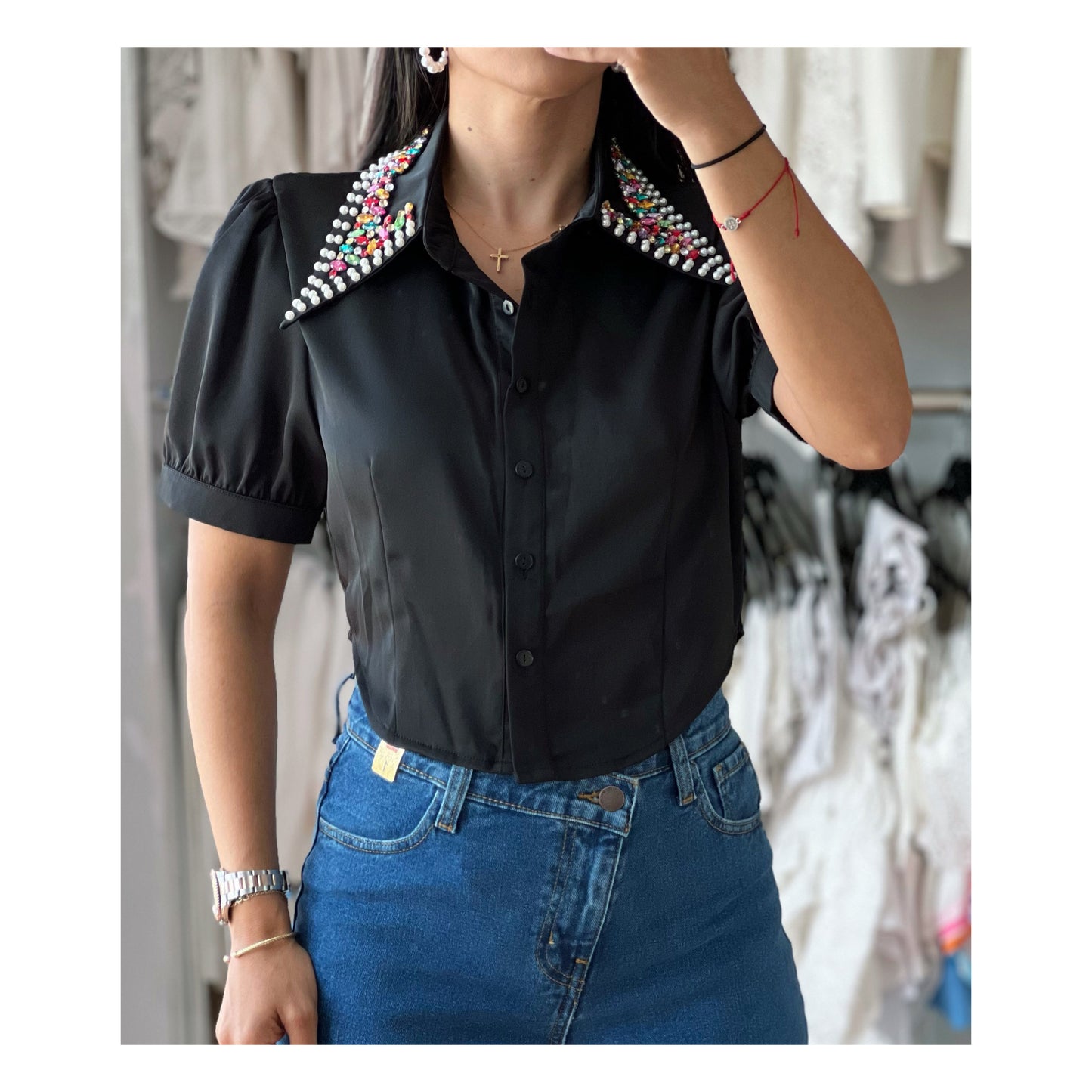 Rhinestone Collar Crop Polo