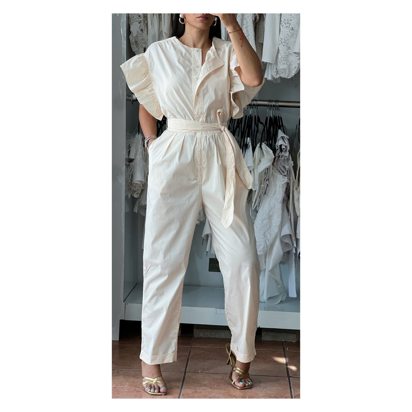 BIG RUFFLE SLEEVE ELASTIC WASITBAND JUMPSUIT