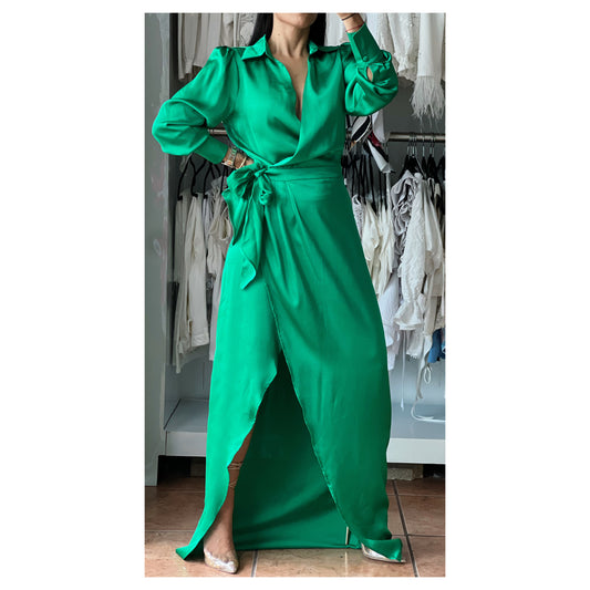 Green Wrap Satin Dress