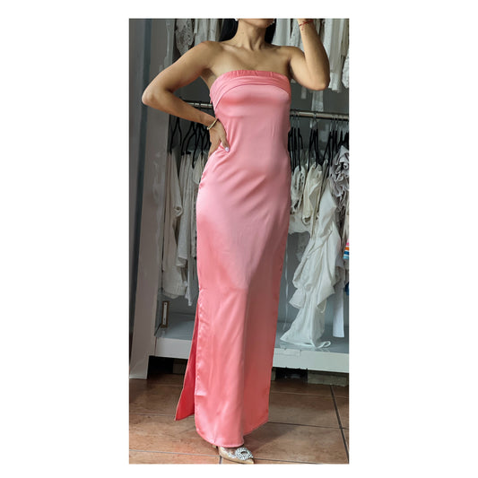 COWL BACK SATIN TUBE MAXI DRESS