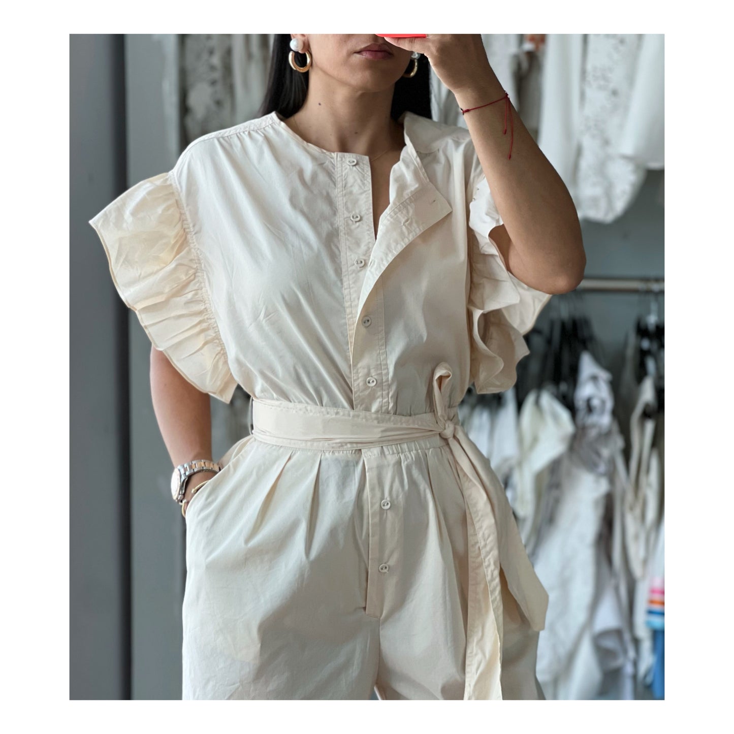 BIG RUFFLE SLEEVE ELASTIC WASITBAND JUMPSUIT