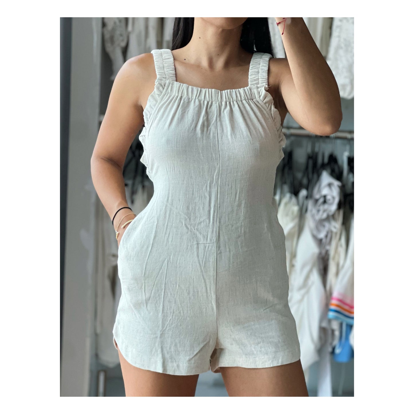 SOLID RAYON LINEN RUFFLE DETAIL ROMPER