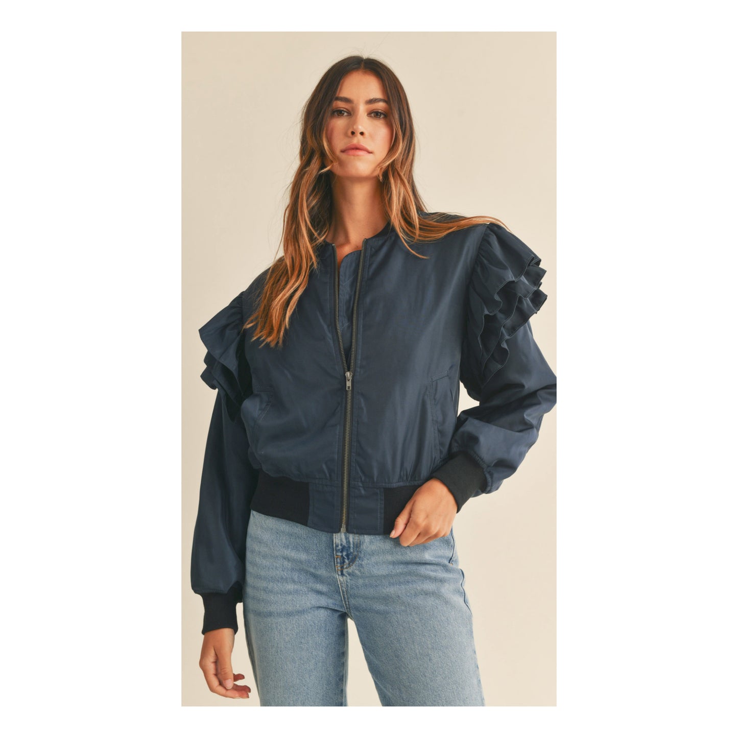 RUFFLED SLEEVE BOMBER JACKET