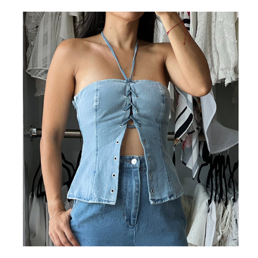 Denim Halter Neck Lace Up Top