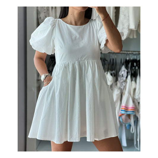 POPLIN LARGE SIDE POCKET BABYDOLL MINI DRESS