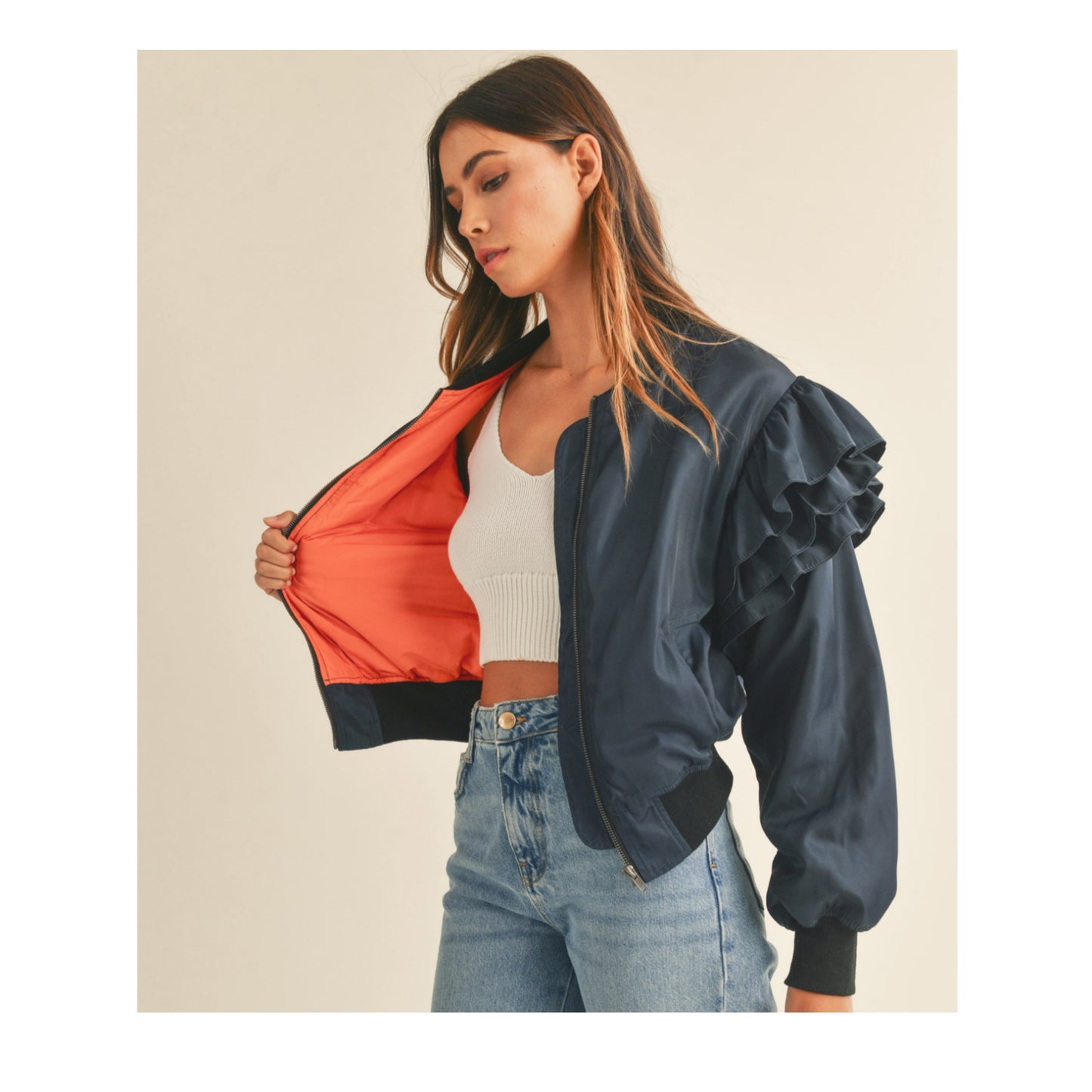 RUFFLED SLEEVE BOMBER JACKET