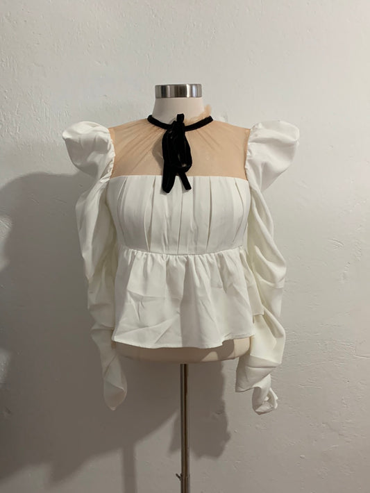 LONG SLEEVE WHITE BLOUSE  WITH BLACK BOW