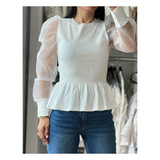 ORGANZA PUFF SLEEVE PEPLUM DETAILED SWEATER