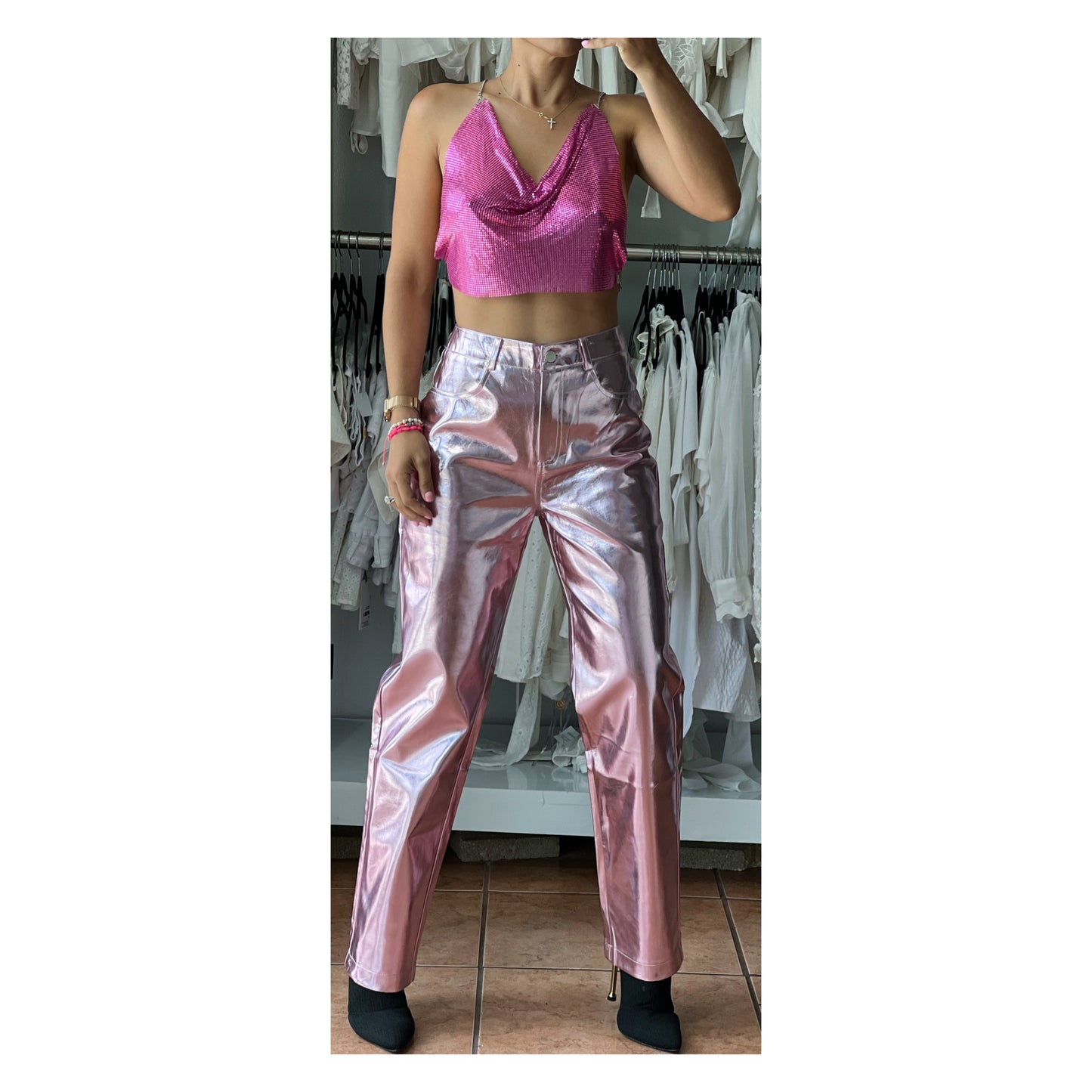 Metallic Pale Pink Pu Pants