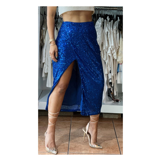 Cobalt Sequin Side Slit Skirt