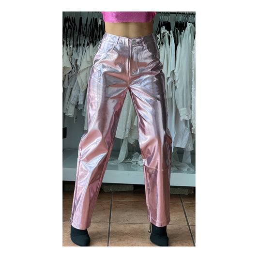 Metallic Pale Pink Pu Pants