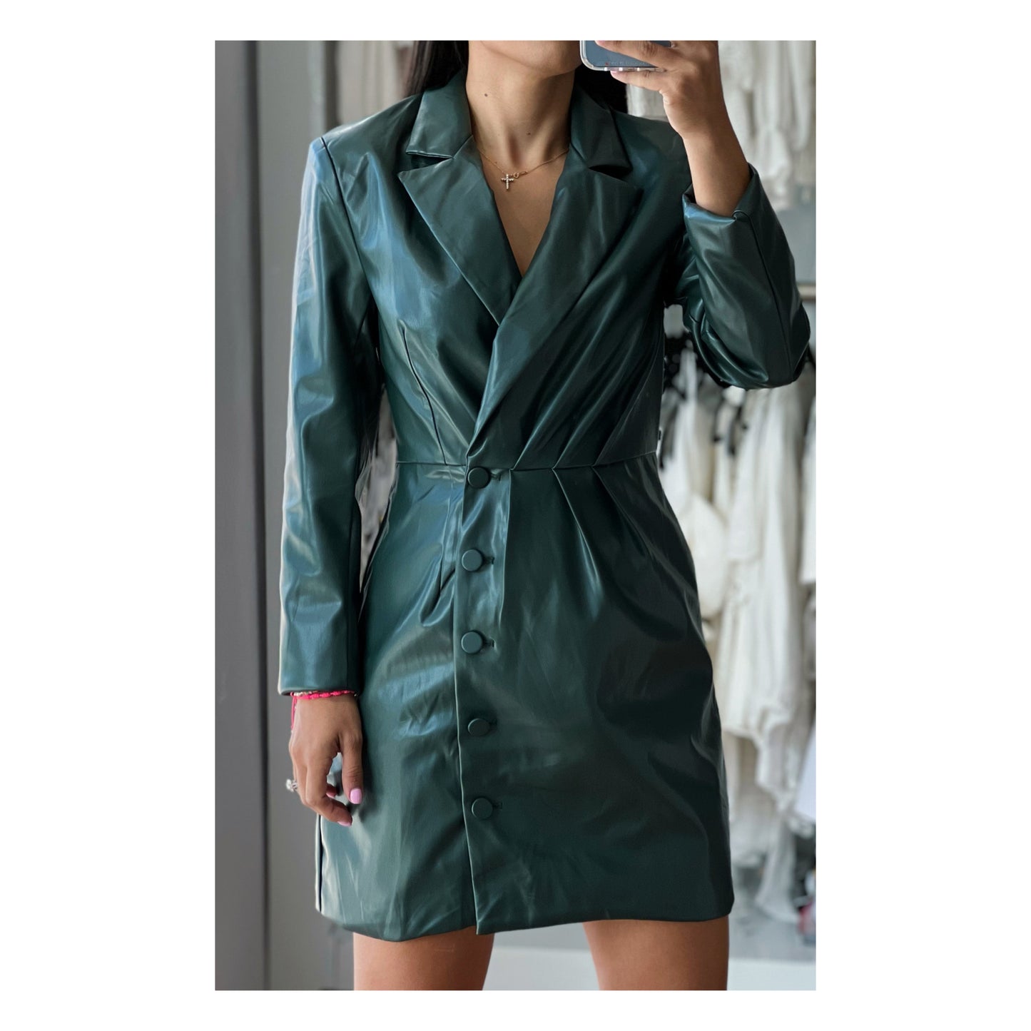 SJQ- Deep Green Leather Blazer Dress