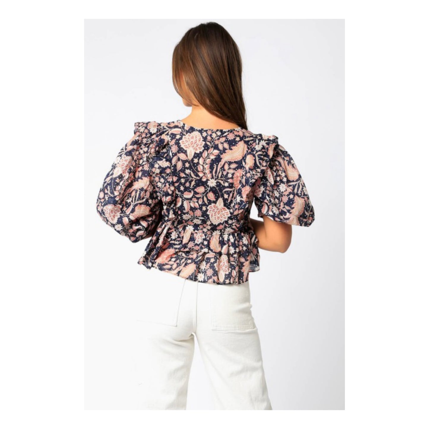 Navy Floral Ruffle Top