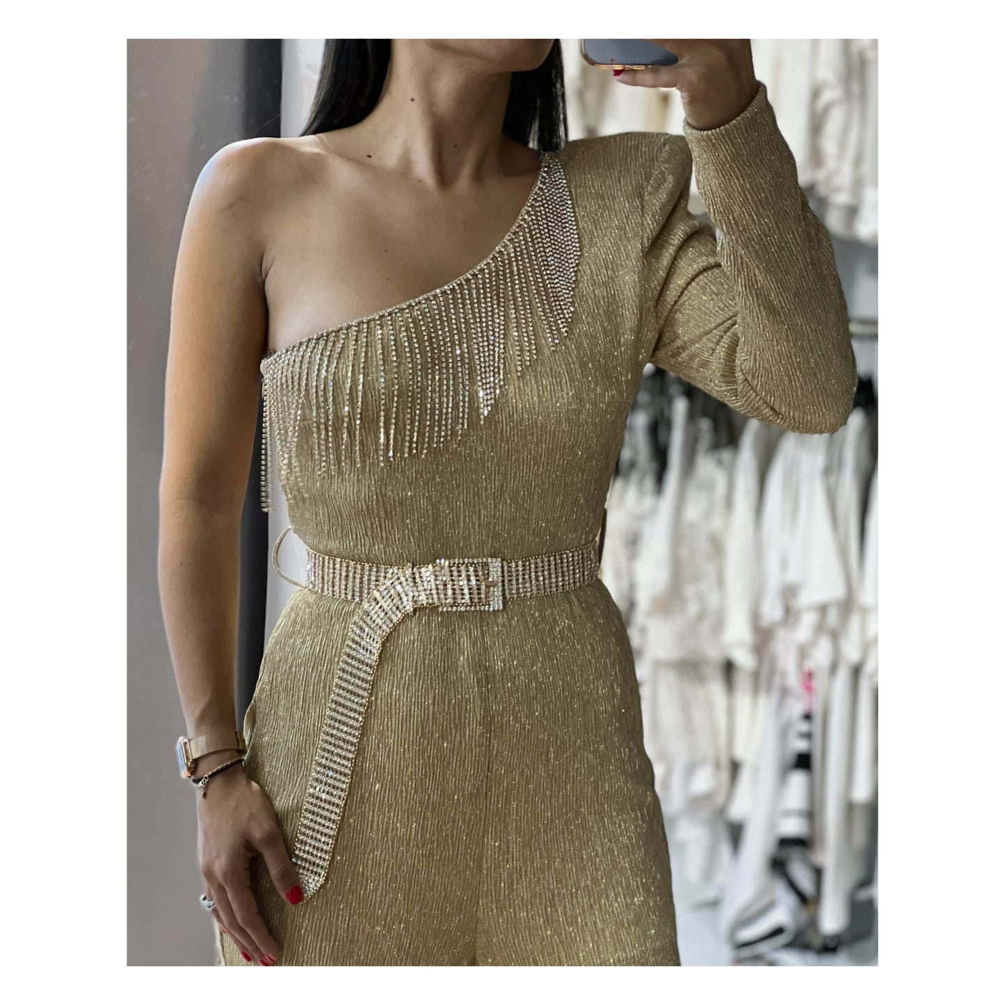 Metallic Rhinestone Gold Jumpsuit