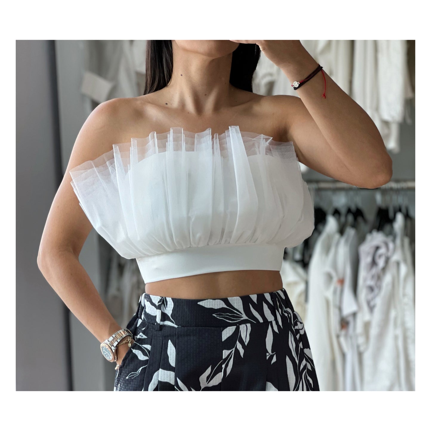 White Ruffle Mesh Crop