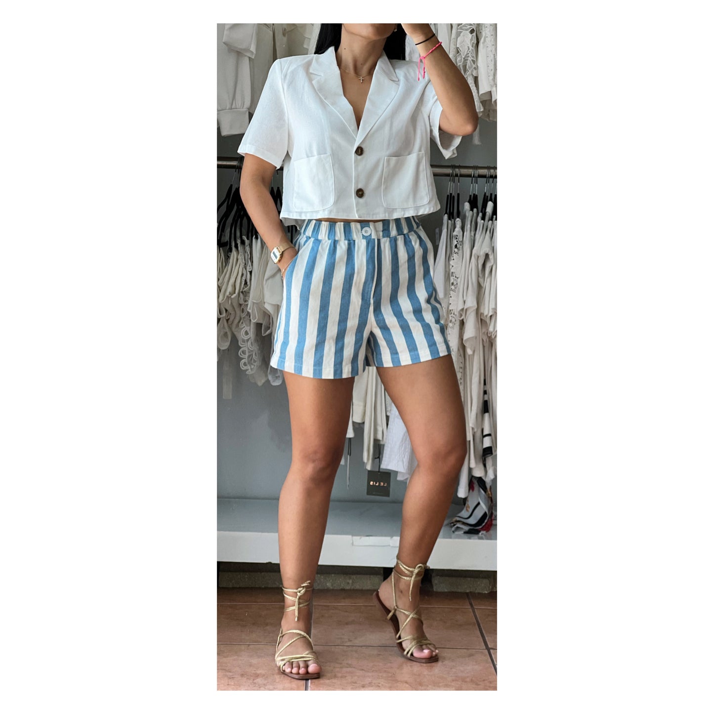 Elastic Waist Blue Shorts