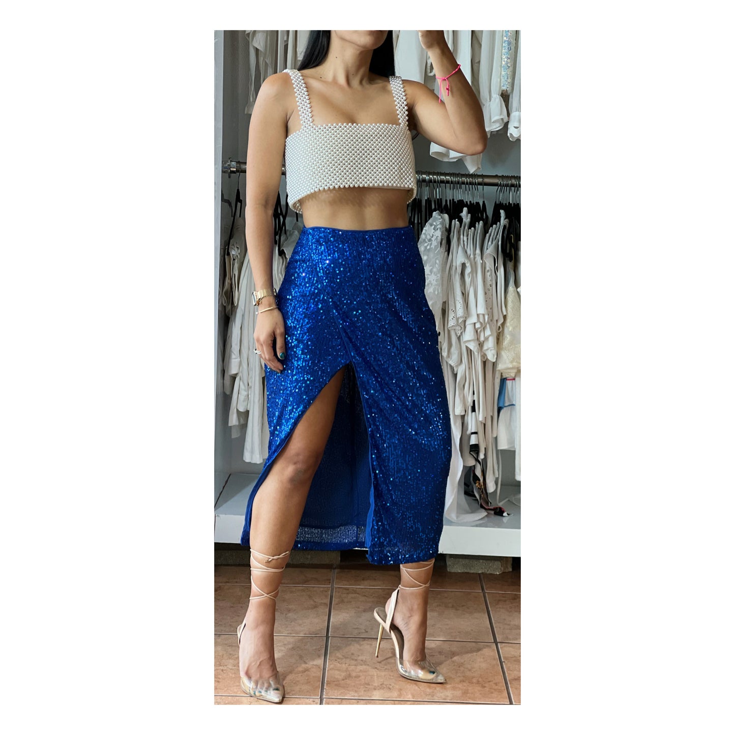 Cobalt Sequin Side Slit Skirt