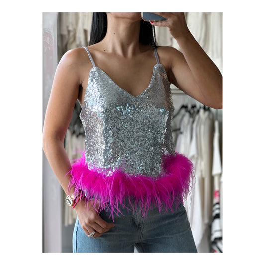 Feathers Trim Sequin Top