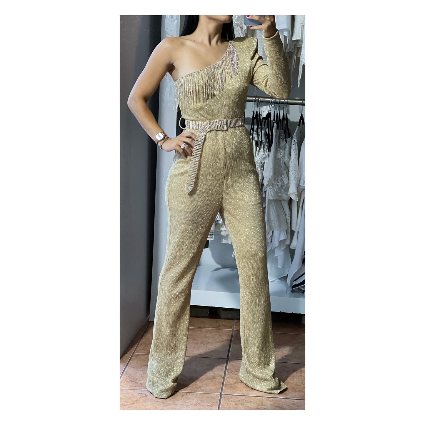 Metallic Rhinestone Gold Jumpsuit