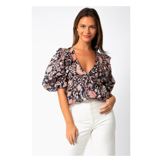 Navy Floral Ruffle Top